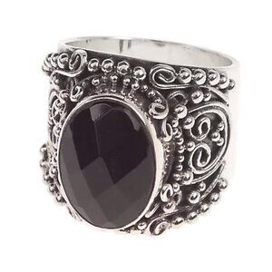 Suarti Artisan Crafted Sterling Silver Faceted Black Onyx Scroll Ring Size 8